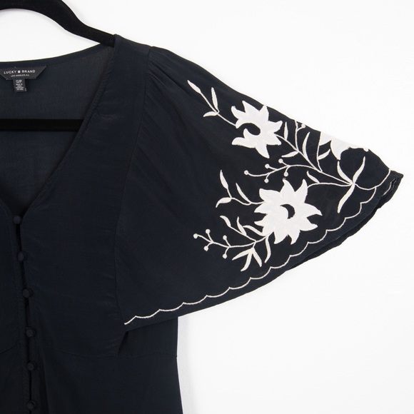 Lucky Brand Black with Cream Floral Embroidery Button Down Blouse - Picture 2 of 7